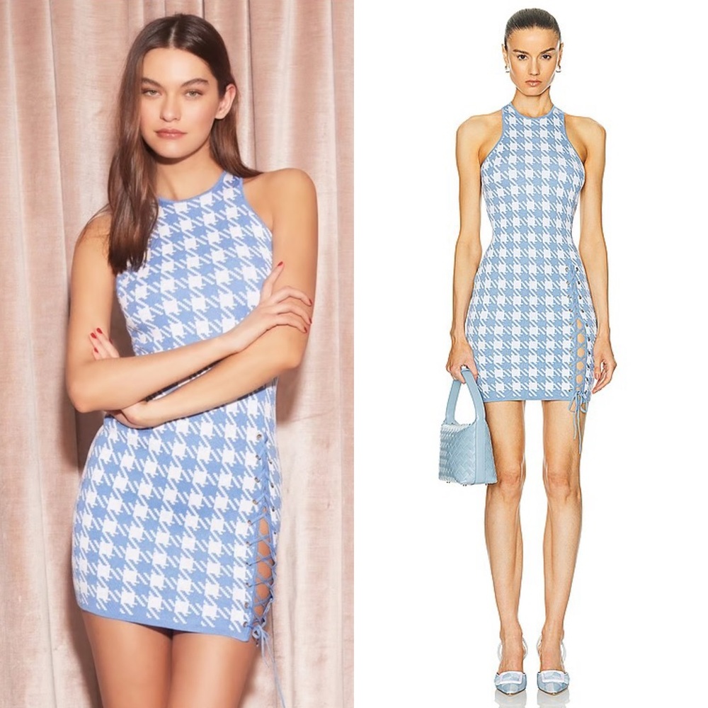 NEW NWT Fleur Du Mal Houndstooth Knit Mini Dress Baby Blue & Ivory